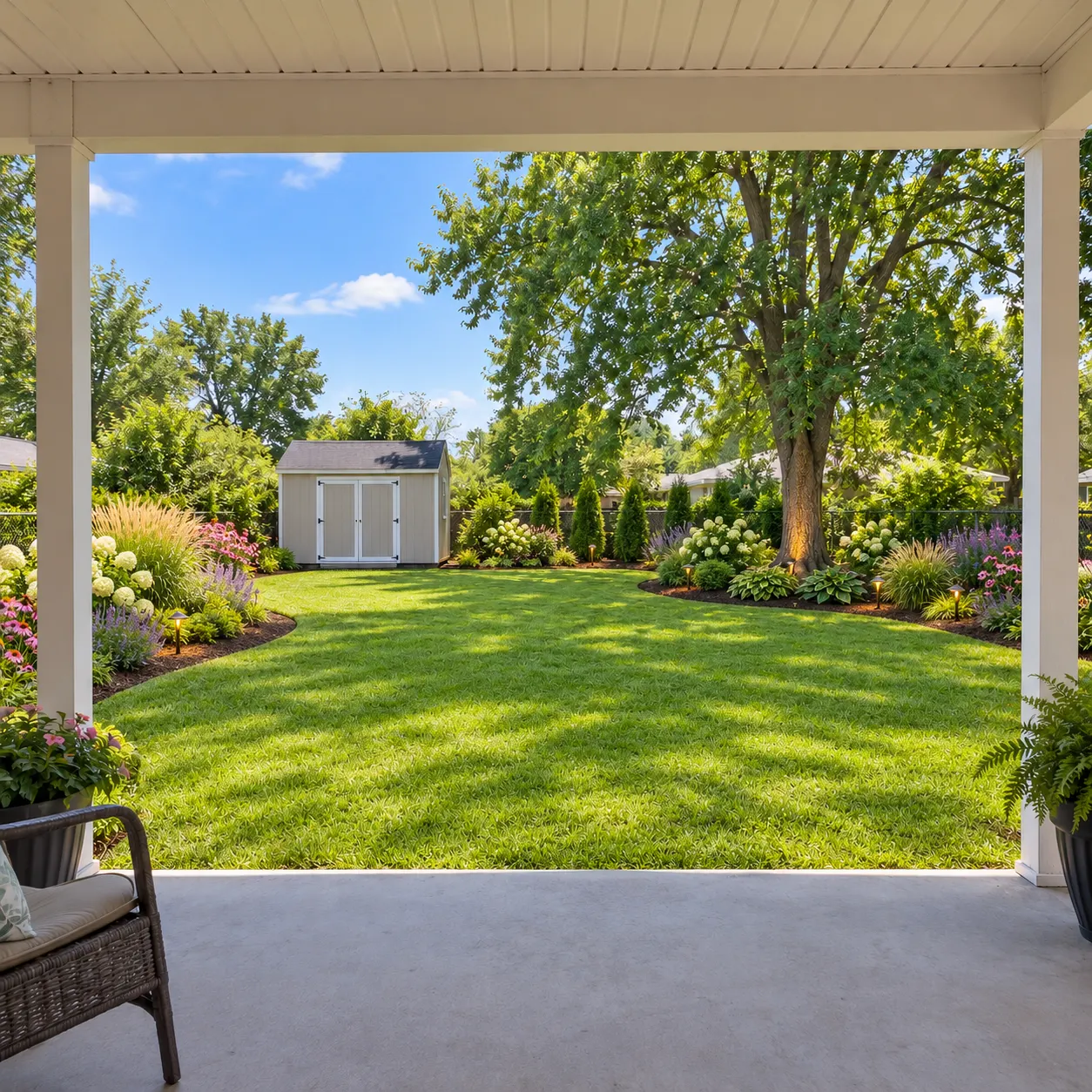 A real yard reimagined with planting beds and paths