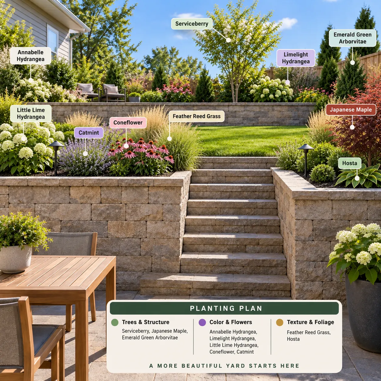 Several garden planting concepts compared on the same yard