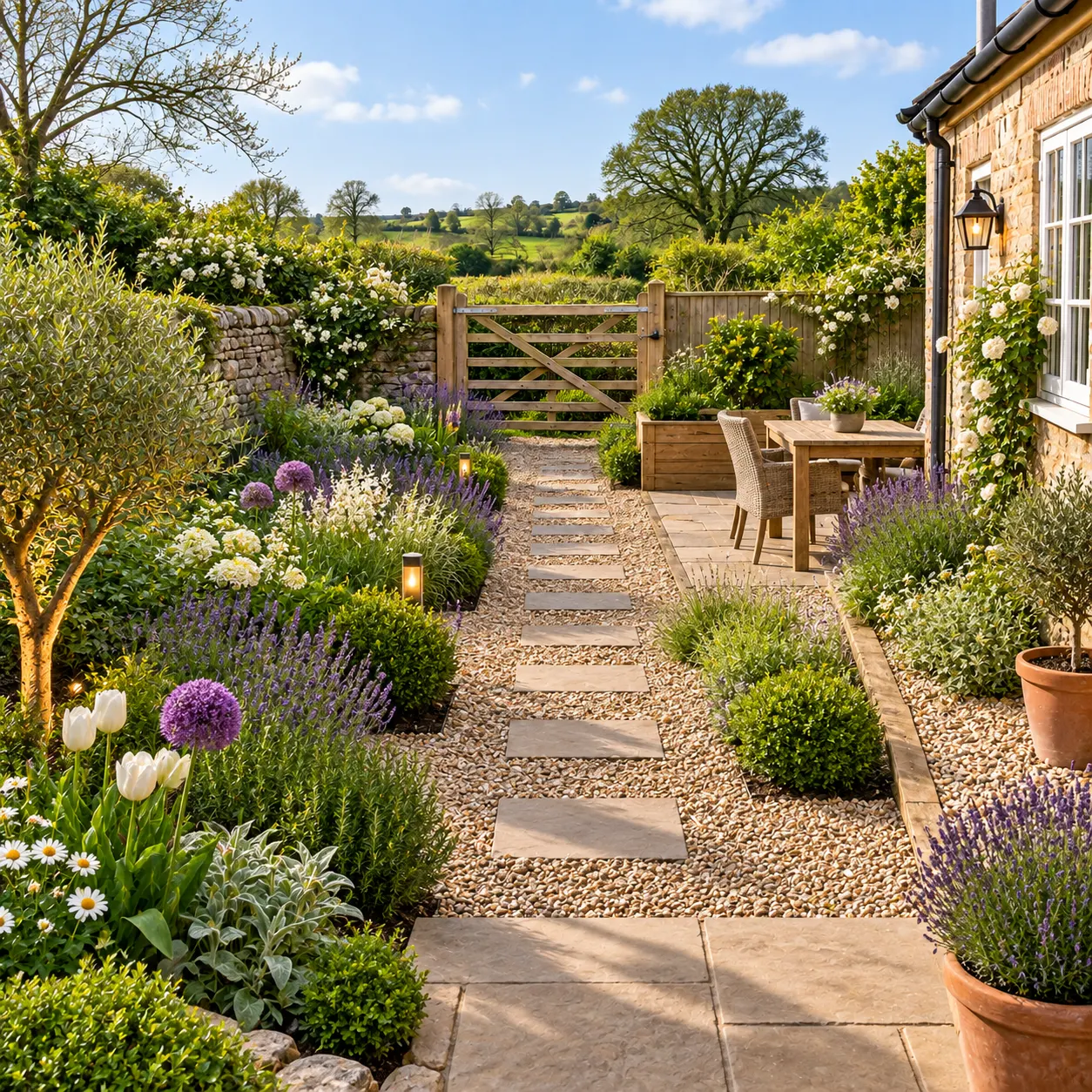 A garden concept with new beds, plants and pathways