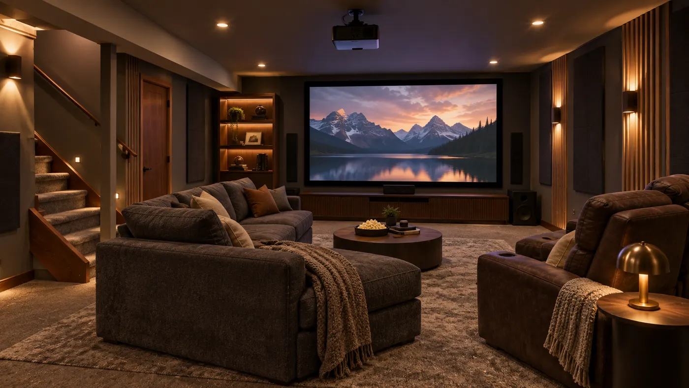 A basement photo transformed with realistic furniture, brighter light, and cohesive finishes — after