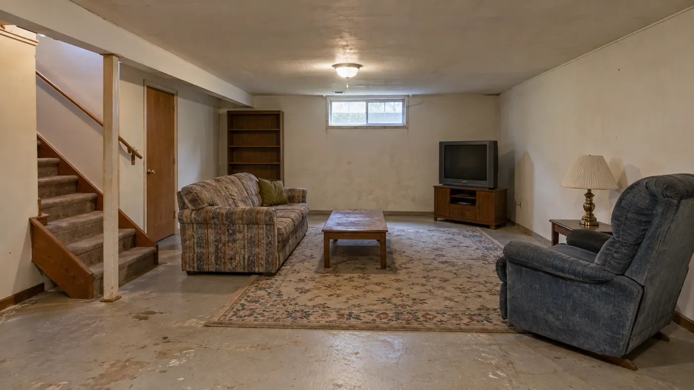 A basement photo transformed with realistic furniture, brighter light, and cohesive finishes — before