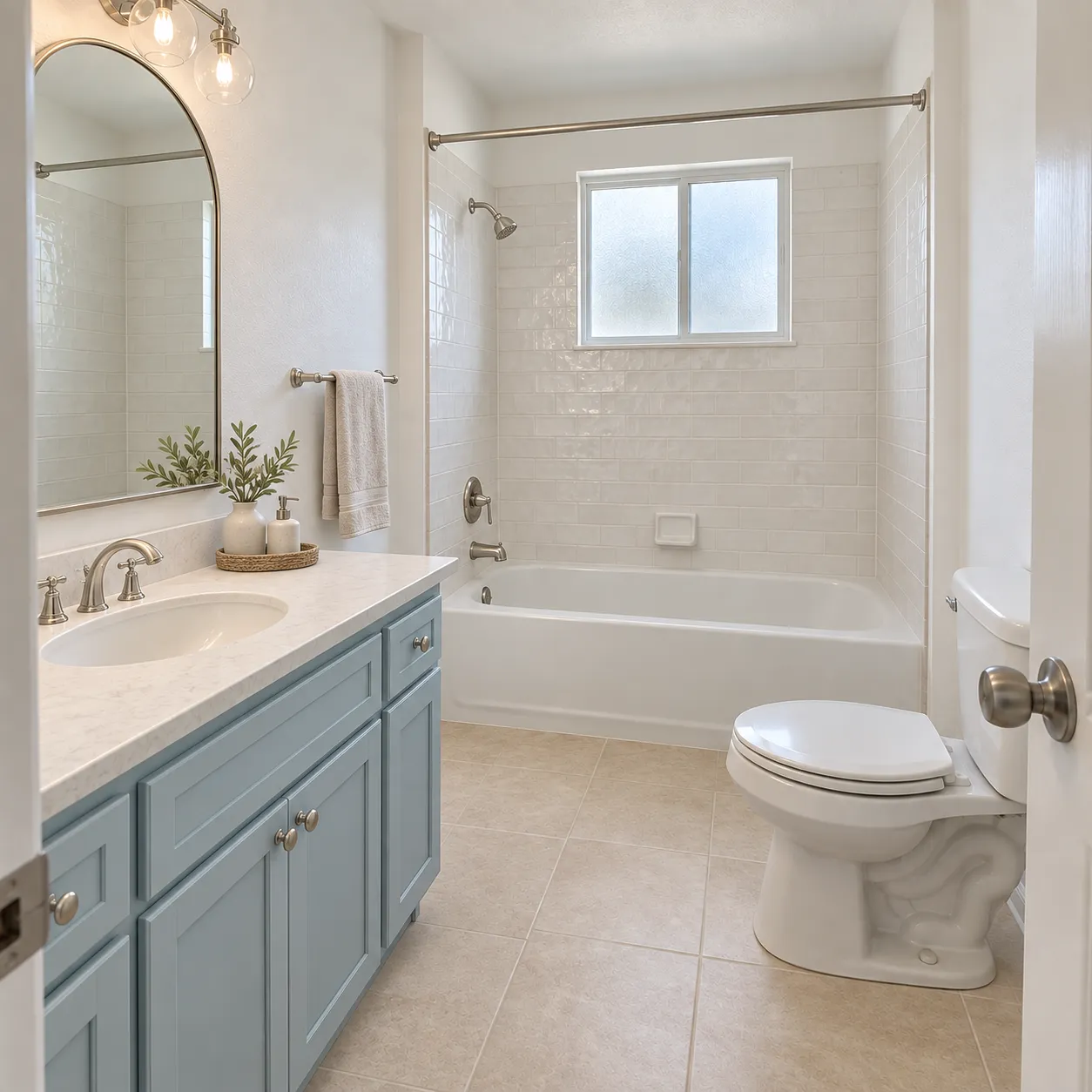 The same bathroom restyled with a coastal blue vanity and glossy subway tile