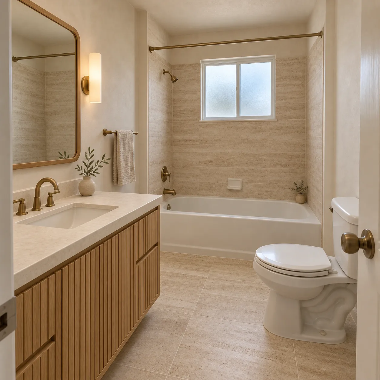 The same bathroom restyled in a Japandi look with fluted wood vanity