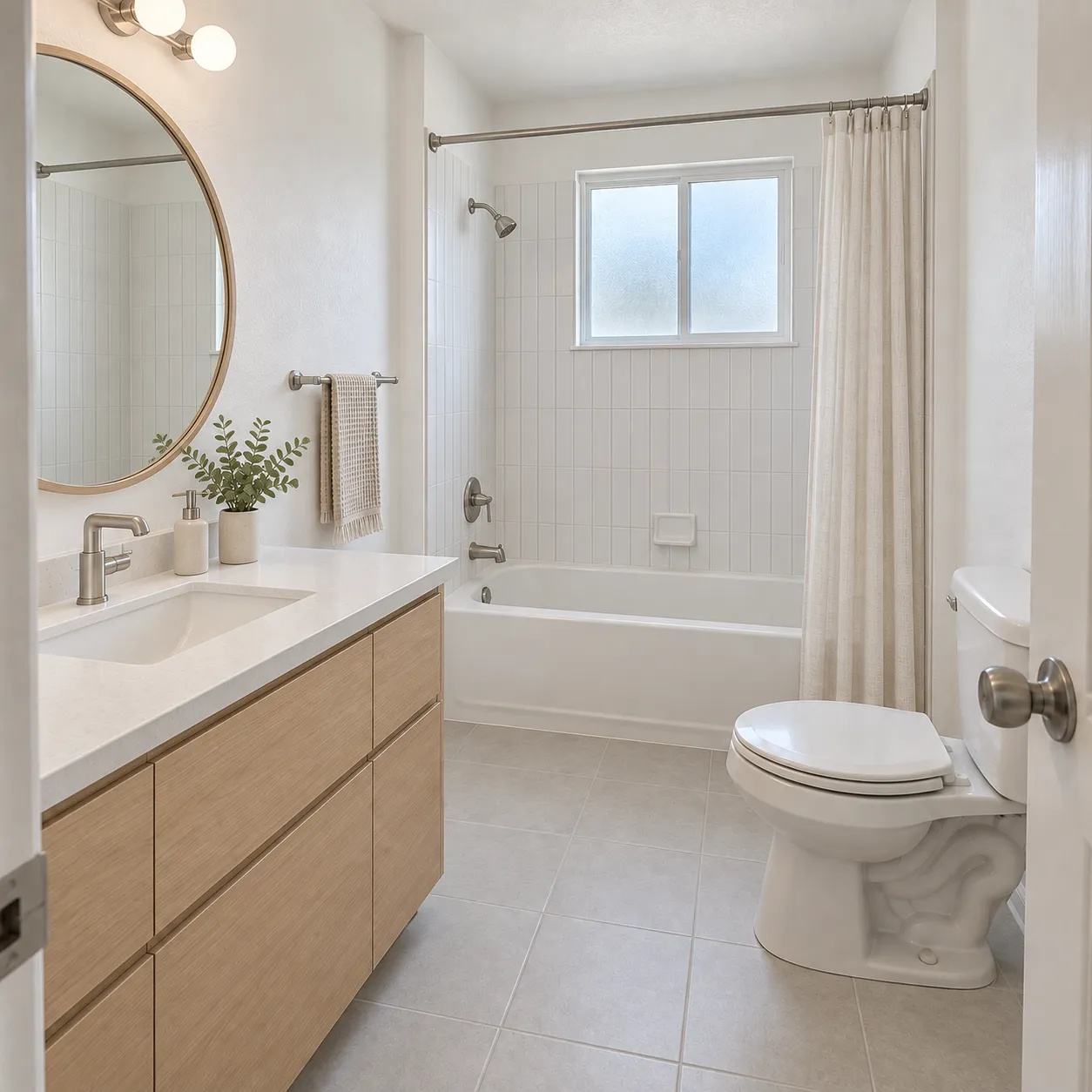 The same bathroom restyled with light-wood vanity and white vertical tile
