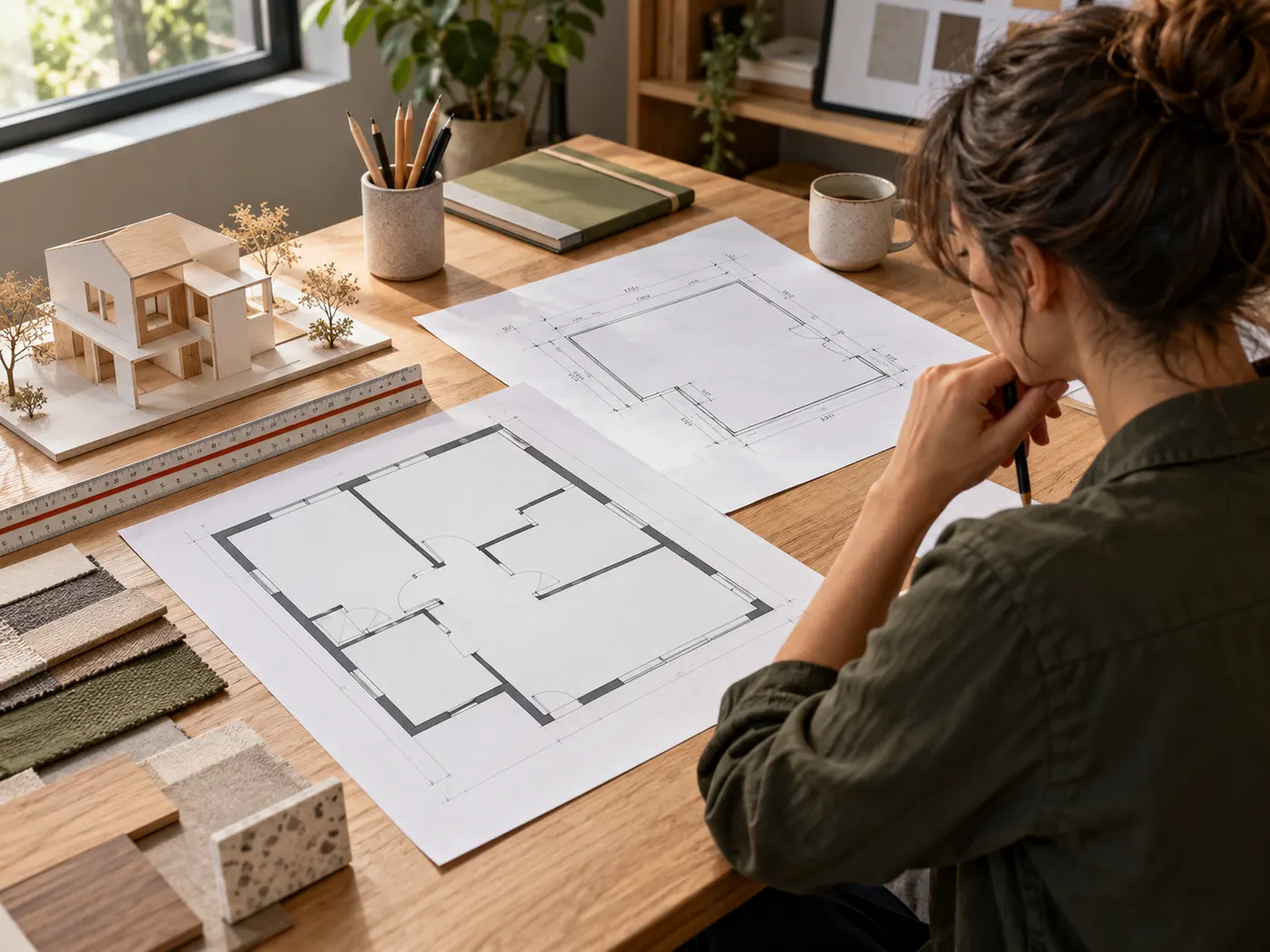 An interior designer studies a blank floor plan beside a measured room outline and a small house model, deciding the project scope before choosing a design tool.
