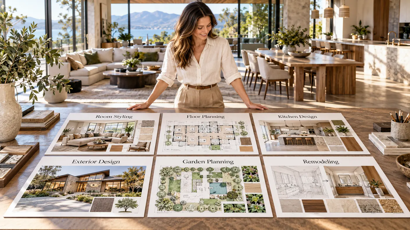 A homeowner stands in a bright open-plan house while six distinct design concept boards are arranged on a table, showing room styling, floor planning, kitchen design, exterior design, garden planning, and remodeling as options for the same home.