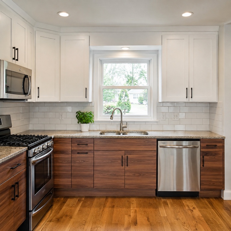 Two-tone kitchen cabinets with walnut lowers and white uppers