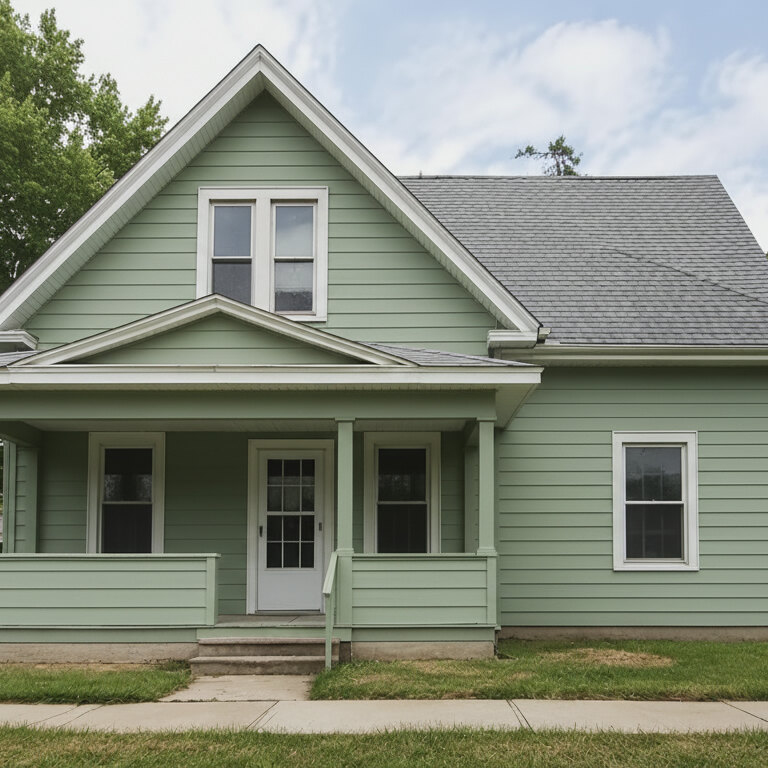 A house exterior repainted a sage green