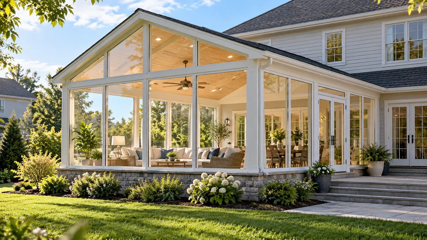 A bright four-season sunroom attached to the rear of a family home, shown as a clear early addition concept for reviewing feasibility and budget direction.