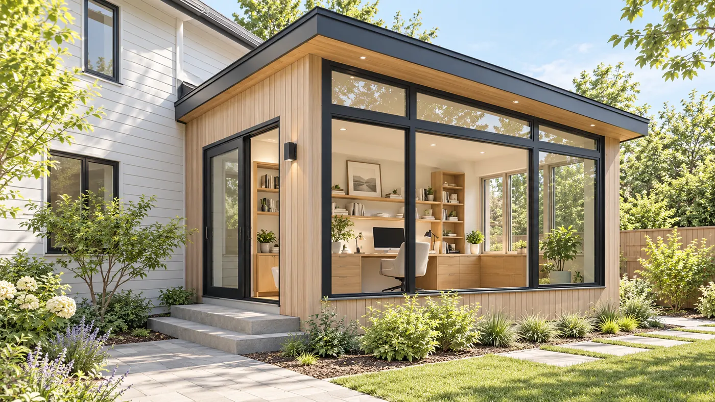 A home office addition extending from the side of an existing house, shown as an early project concept being evaluated before a detailed design conversation.