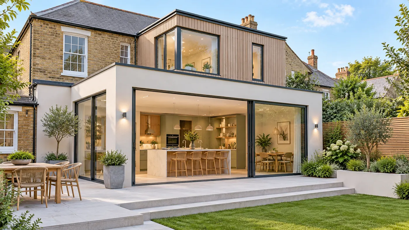 A rear kitchen extension joined carefully to an existing home, shown as an early second-story-style addition budget concept where size and connection affect the cost view.