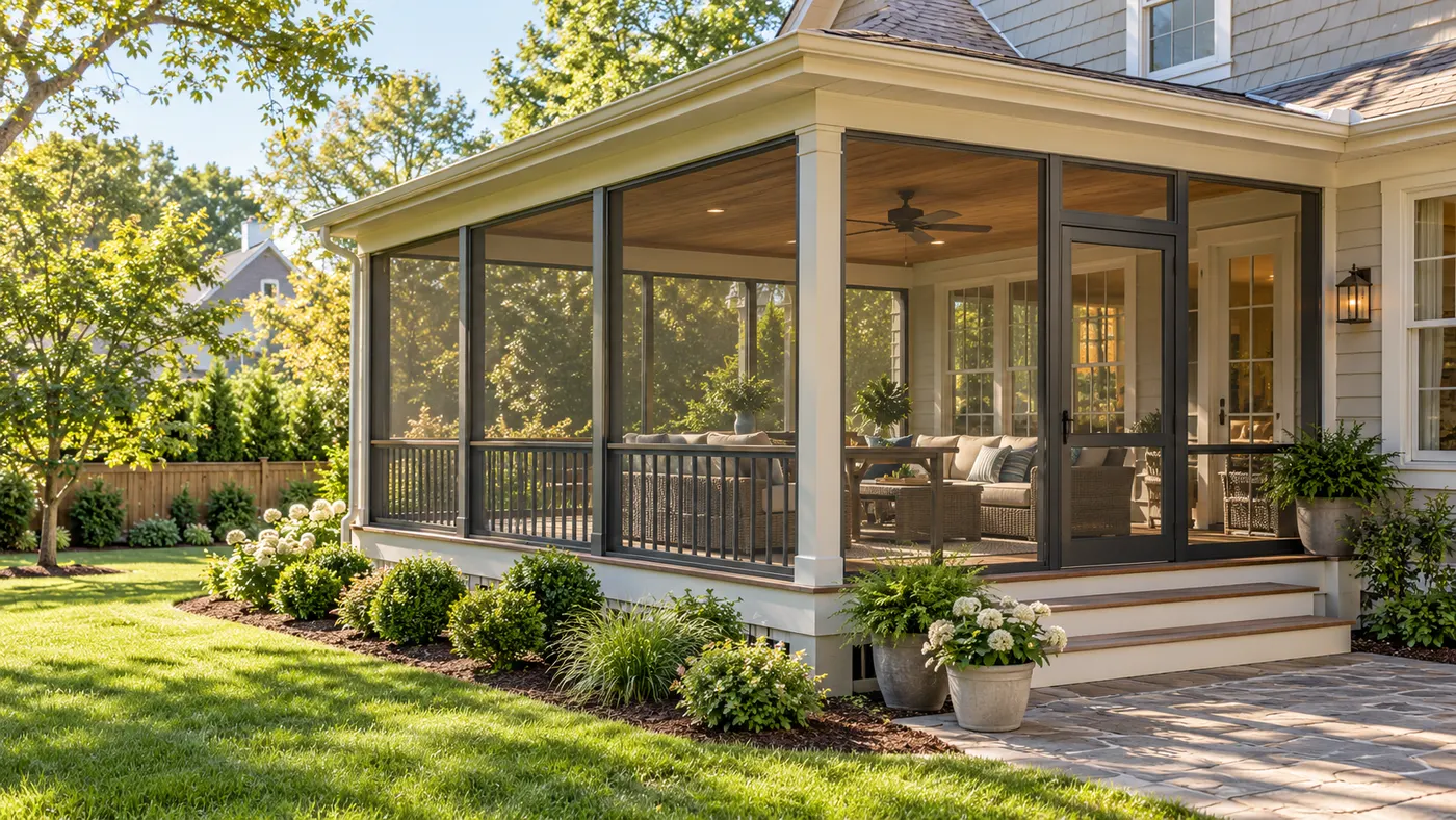 A screened-in porch connected to an existing house, presented as a practical early addition direction for reviewing the project budget.