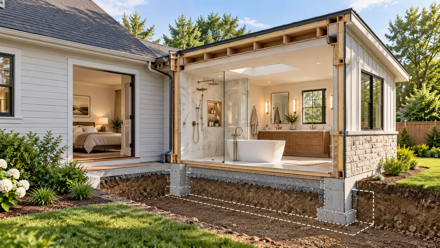 A primary bathroom addition connected to an existing home, shown as a clearly defined early concept ready for the next planning decision.
