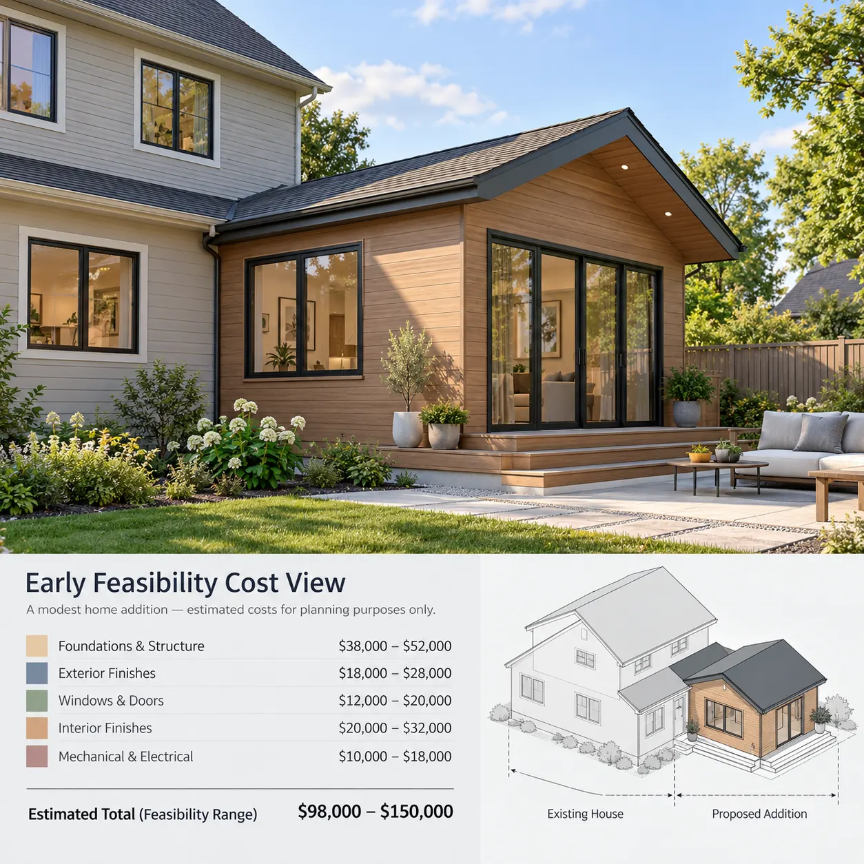 A modest home addition connected to an existing house, shown at an early feasibility stage with a clear planning-focused cost view rather than a contractor quote.