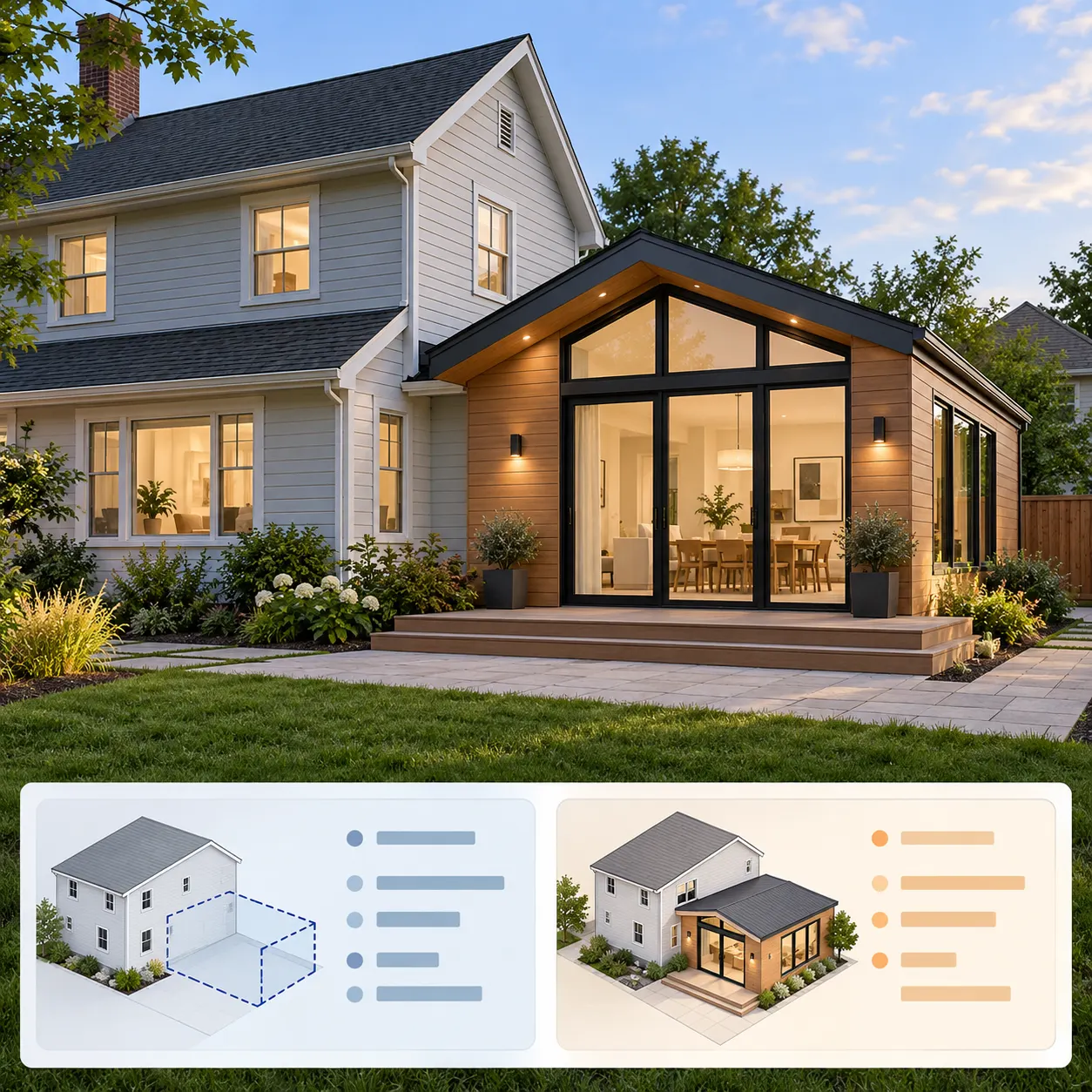 A thoughtfully sized home addition beside the existing house, shown as an early project direction being compared with an available household budget.
