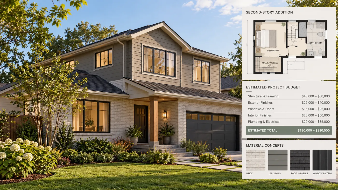 A realistic second-story bedroom addition blending into an existing home, shown as an early project-budget result before detailed design or contractor quoting.