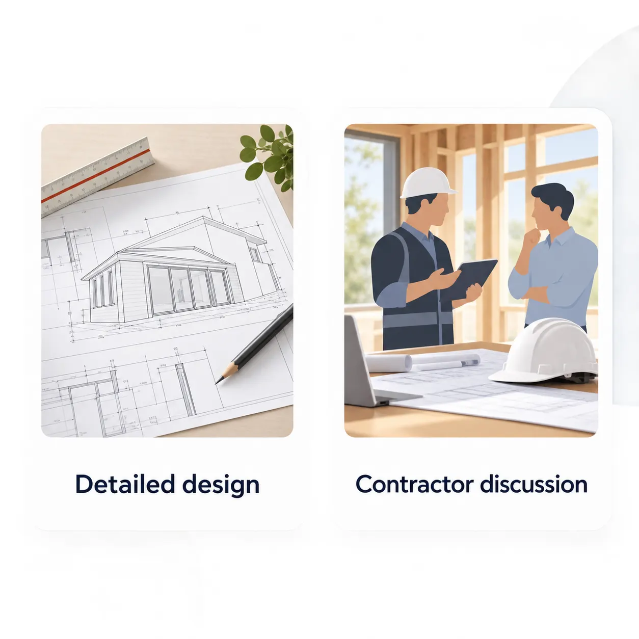 A homeowner choosing the next planning step for the addition, represented by a focused consultation about whether to proceed toward detailed design or contractor discussion.