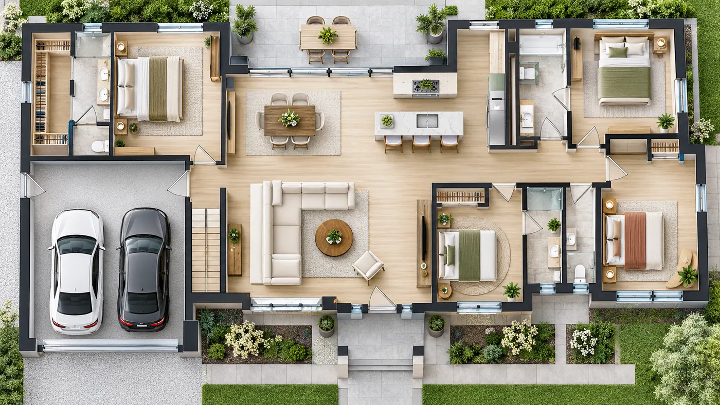 A polished overhead house floor plan showing connected rooms, clear circulation, and a refined remodeling layout presented as the first frame of a design video.