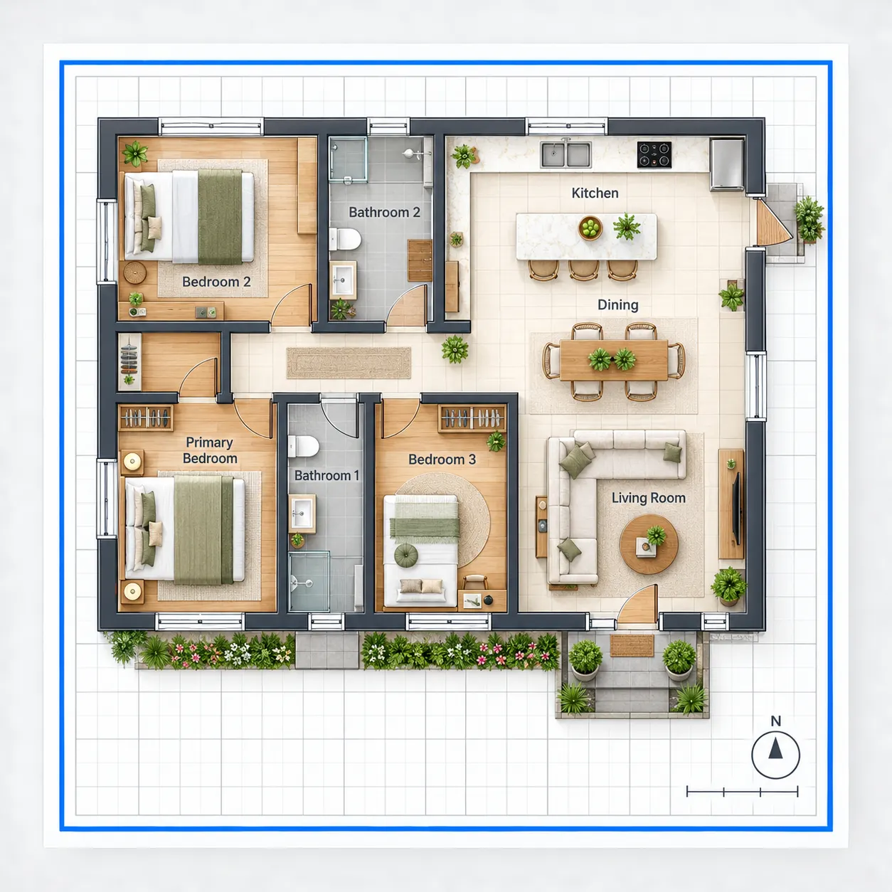 The selected blank canvas developed into a whole-home floor plan, with connected rooms and circulation adjusted around household needs.