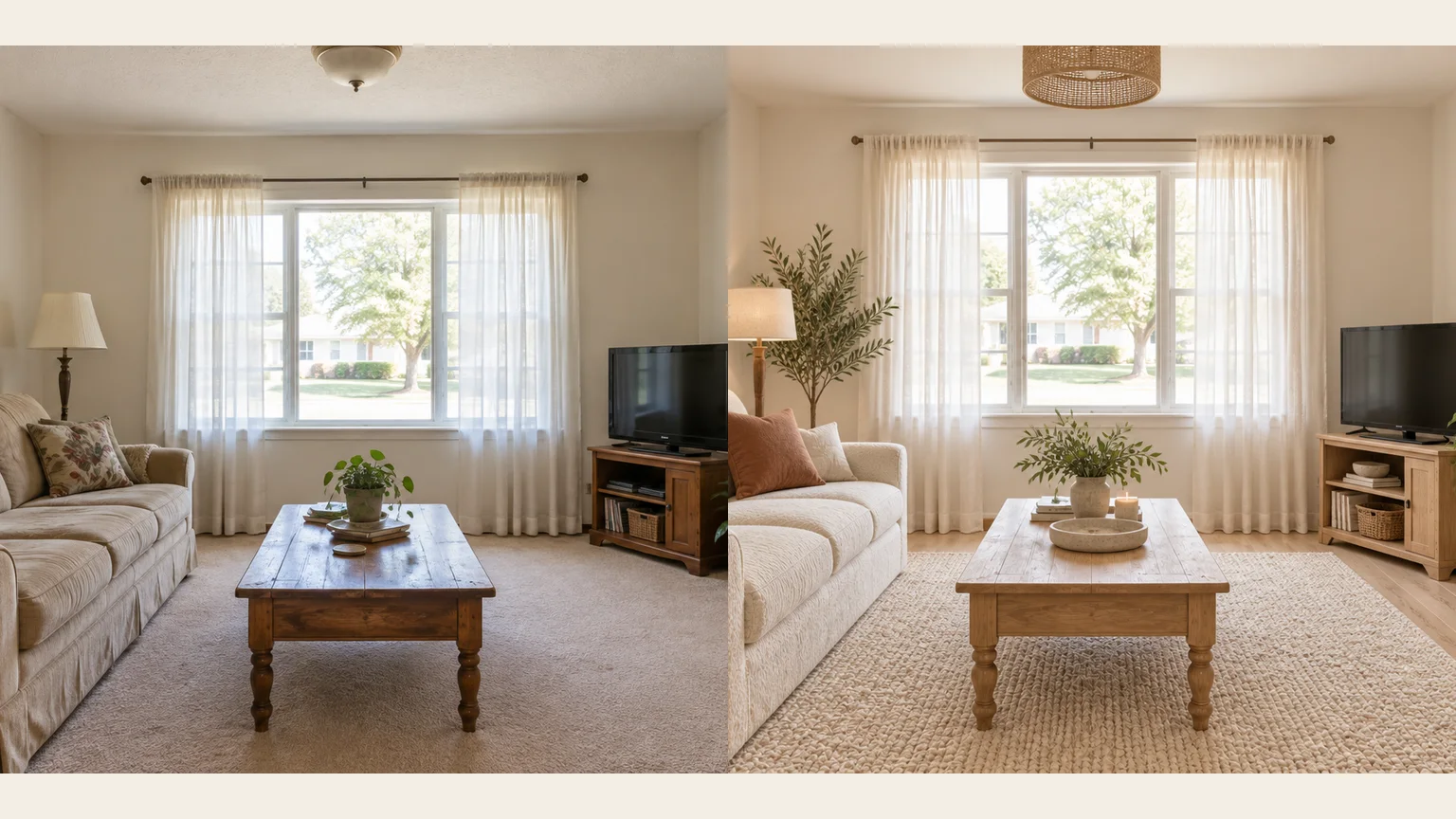 A living room shown before and after an AI interior redesign