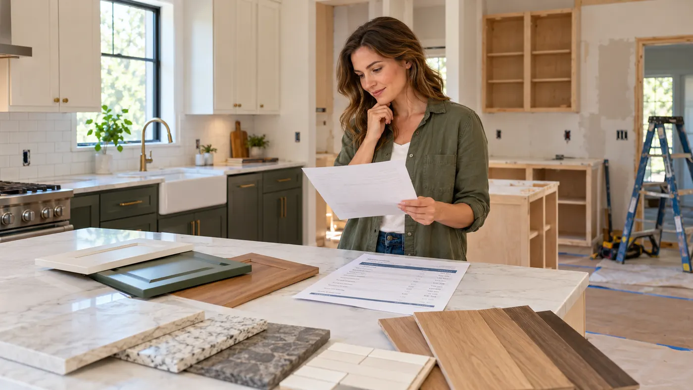 A homeowner stands in a partially remodeled kitchen reviewing a printed renovation estimate beside cabinet, countertop, and flooring samples, creating a clear starting point for comparing project directions.