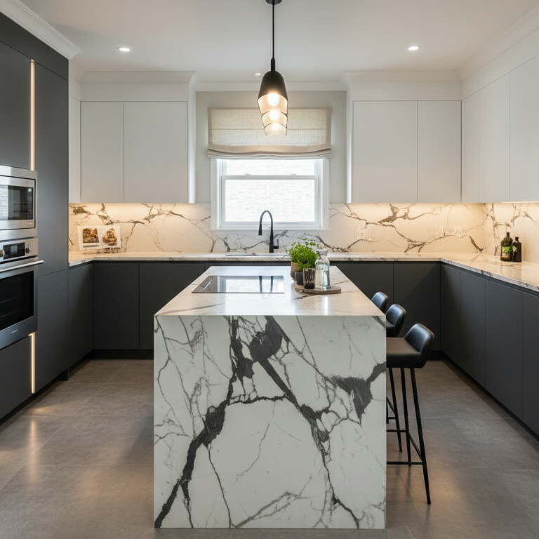 A kitchen redesigned with new cabinets and countertops