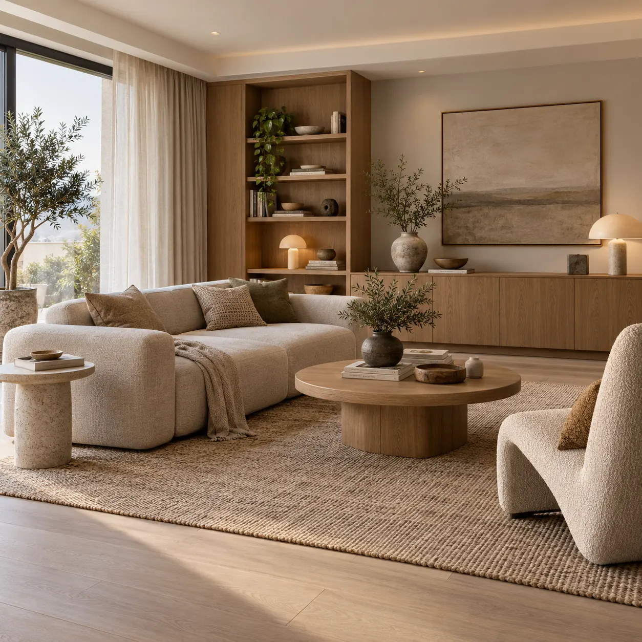An Interior Remodel result showing a refined living room with a low oatmeal sofa, sculptural lounge chair, warm oak storage, textured rug, layered lighting, and a cohesive contemporary material palette.