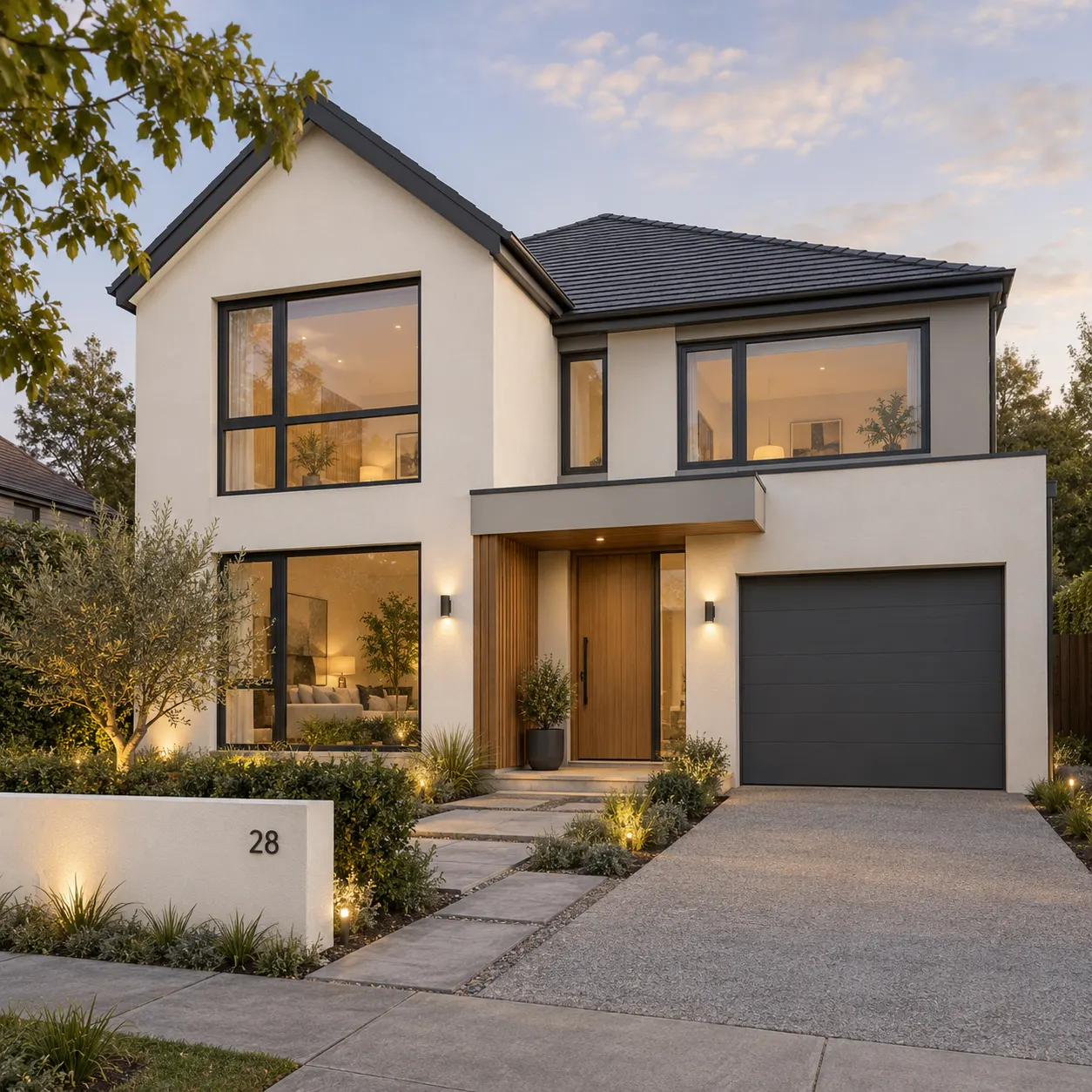 An AI Home Exterior Design result showing a single contemporary house facade with warm white render, charcoal-framed windows, natural timber entry details, restrained planting, and believable residential proportions.