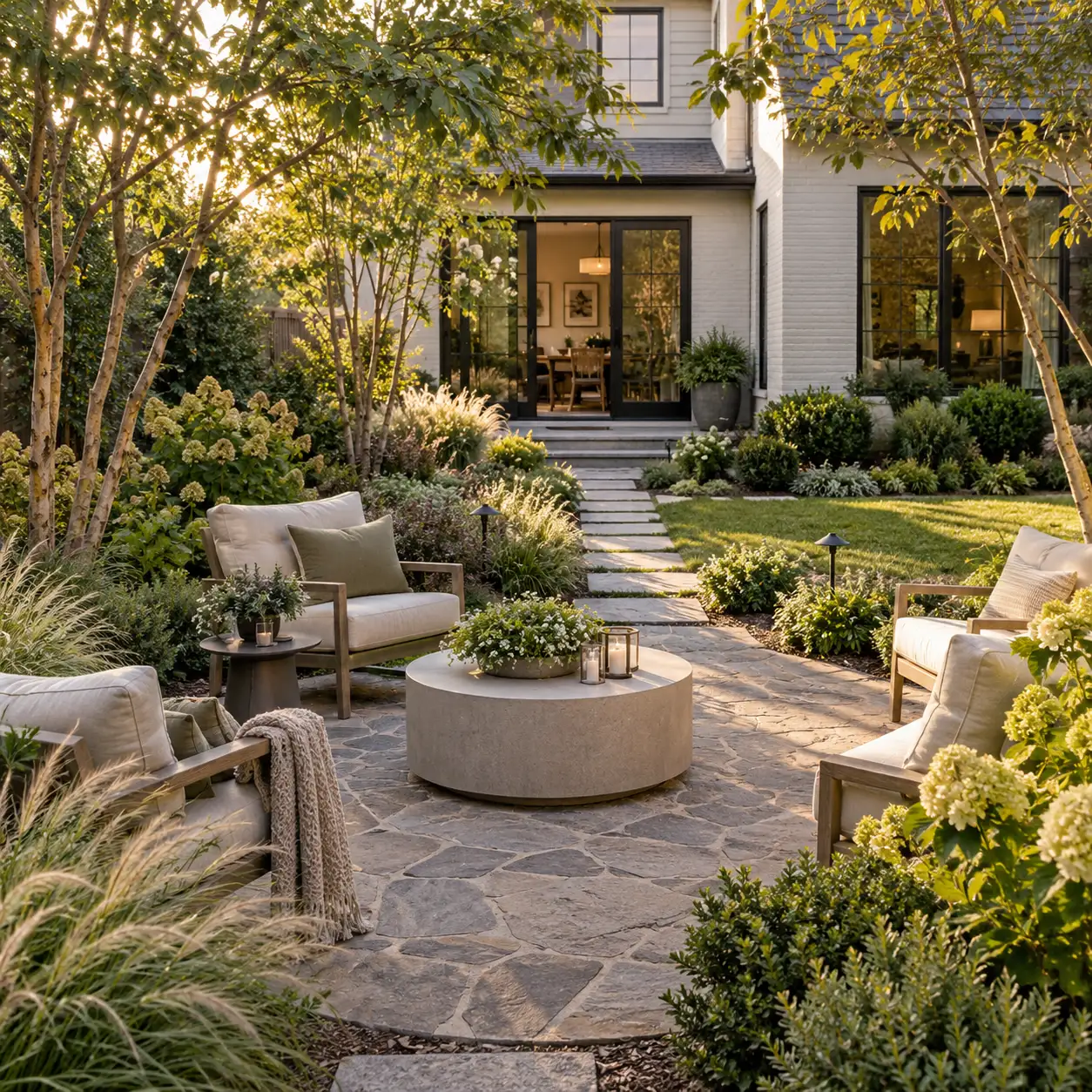 An AI Garden Planner result showing one specific backyard with a compact stone patio, curved planting beds, ornamental grasses, small trees, a clear path, and a comfortable outdoor seating zone.