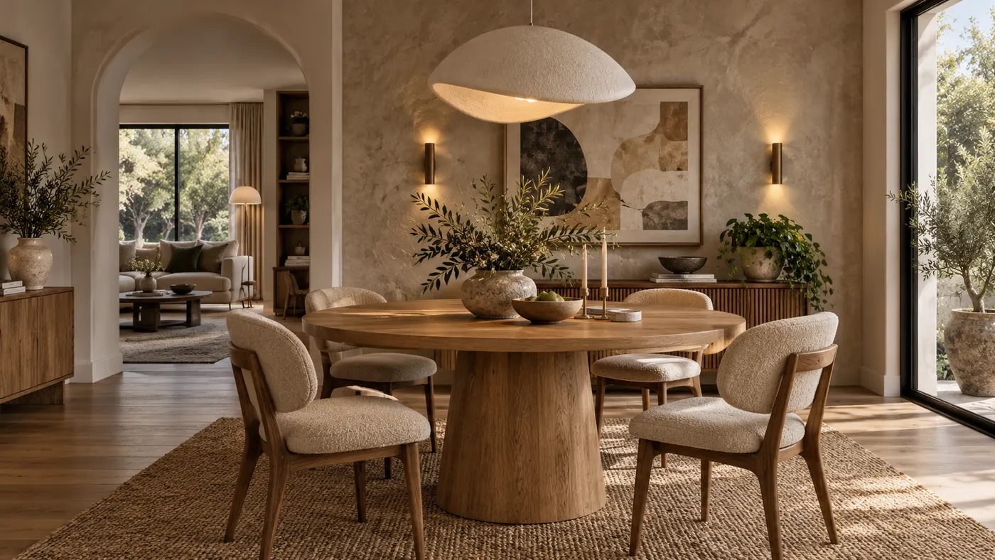 A polished AI Interior Design result showing a warm contemporary dining room with a round oak table, upholstered chairs, a plaster accent wall, soft pendant lighting, and carefully balanced residential proportions.