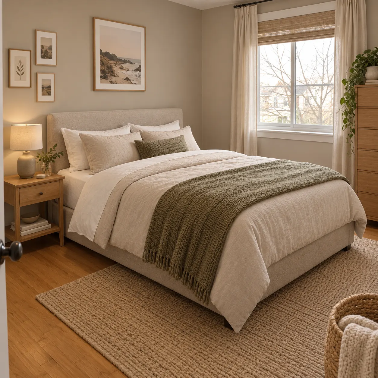 The same bedroom after applying a selected contemporary style: the walls, bedding, and main furniture have been changed into a coordinated warm-neutral look, while soft furnishings and decorative details remain sparse.