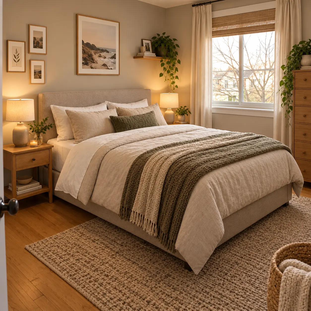 The same bedroom as a final downloadable refinement: complete the selected style with layered lighting, finished bedding, artwork, greenery, a textured rug, and carefully arranged decorative accents.