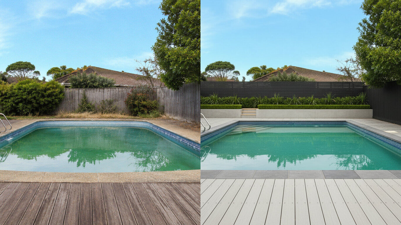 A backyard shown before and after an AI pool redesign