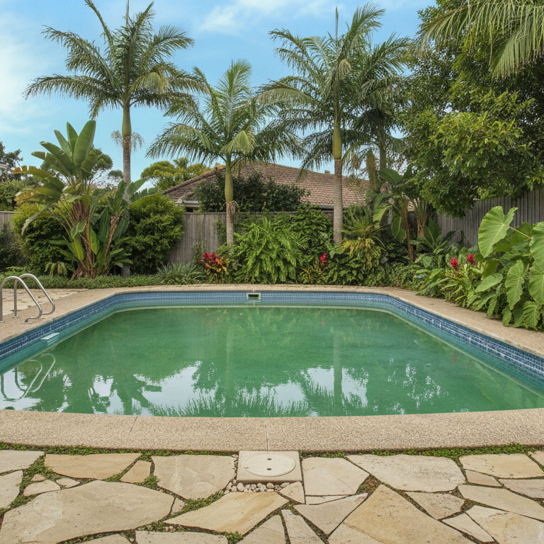 A pool area redesigned with new decking and planting