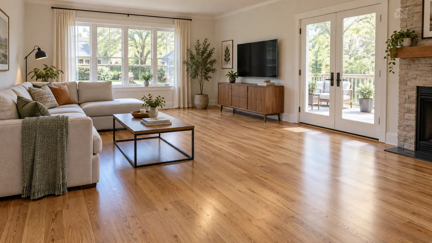 A living room showing a rug visualizer preview with a new area rug — before