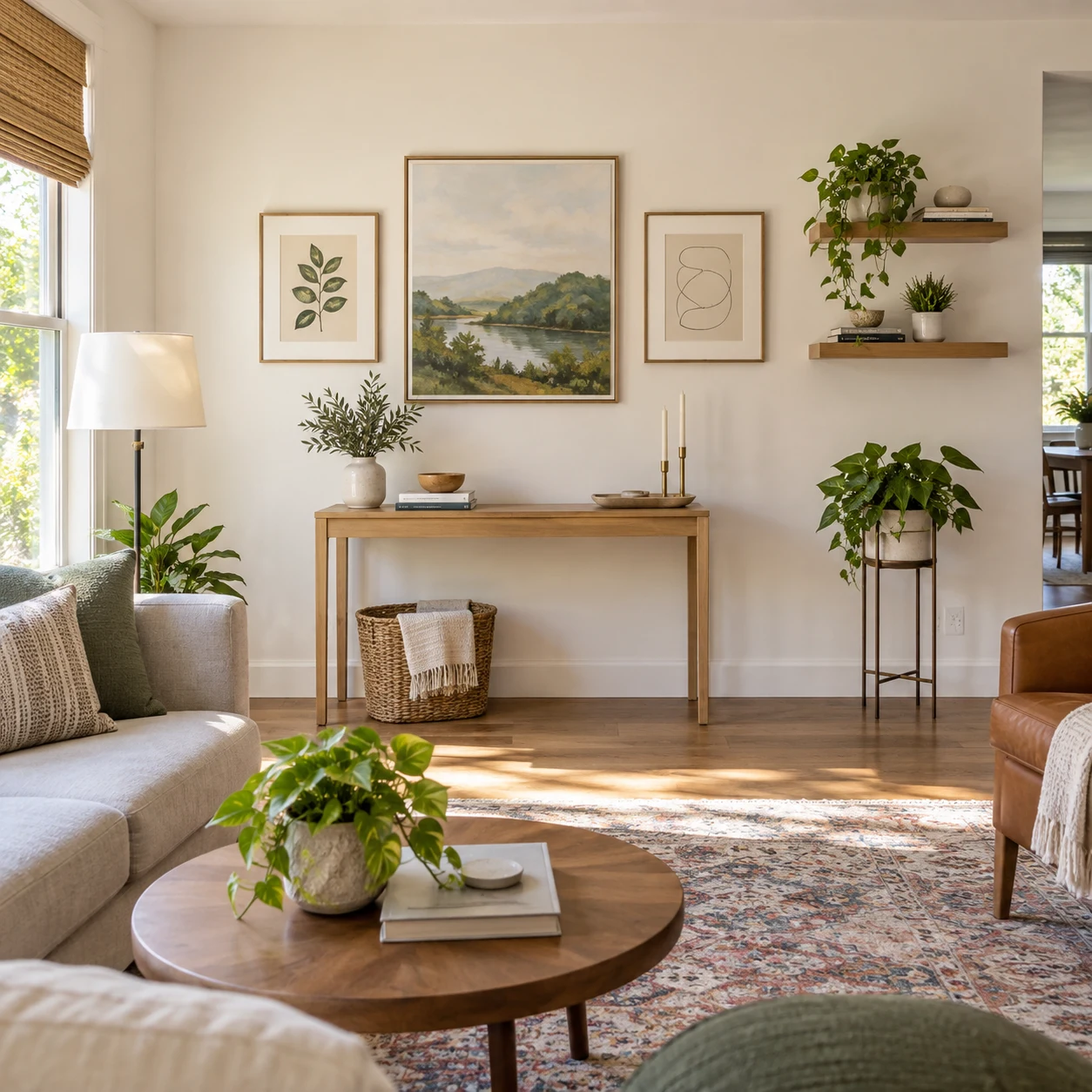 A small living room blank wall styled with movable furnishings and art