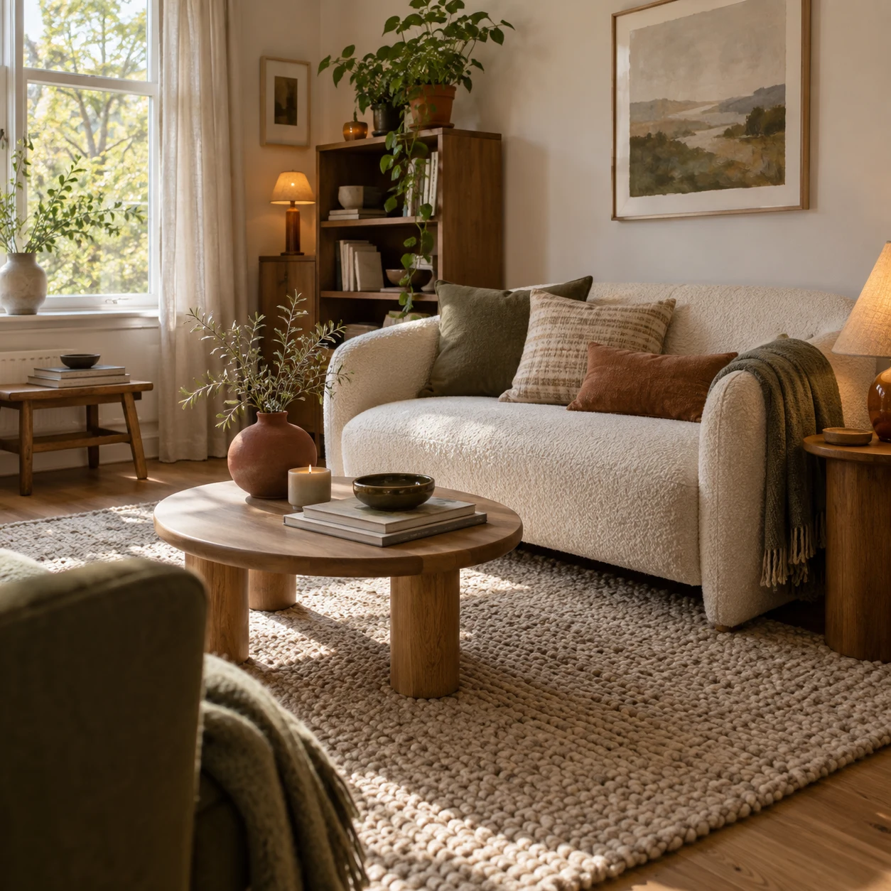 A warm, cohesive small living room with layered textiles and natural wood