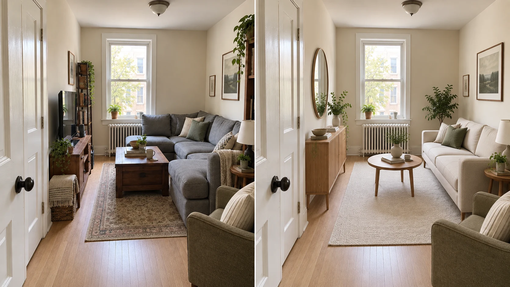 The same small living room shown before and after a lighter furniture layout
