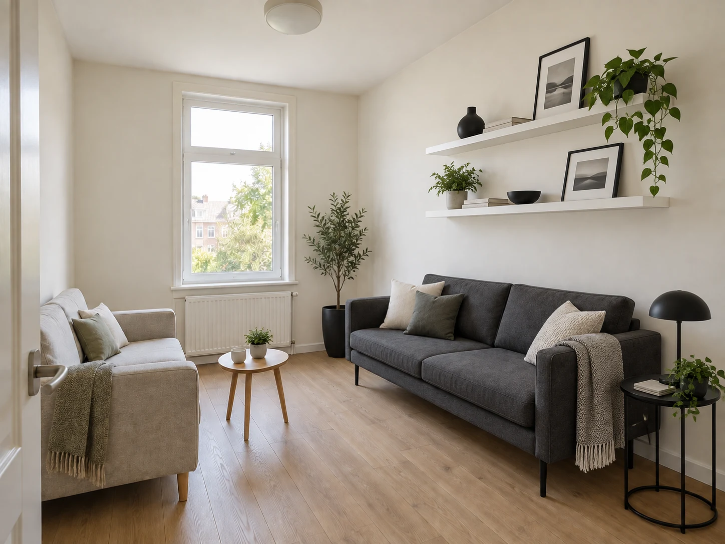 Shelves beside the sofa